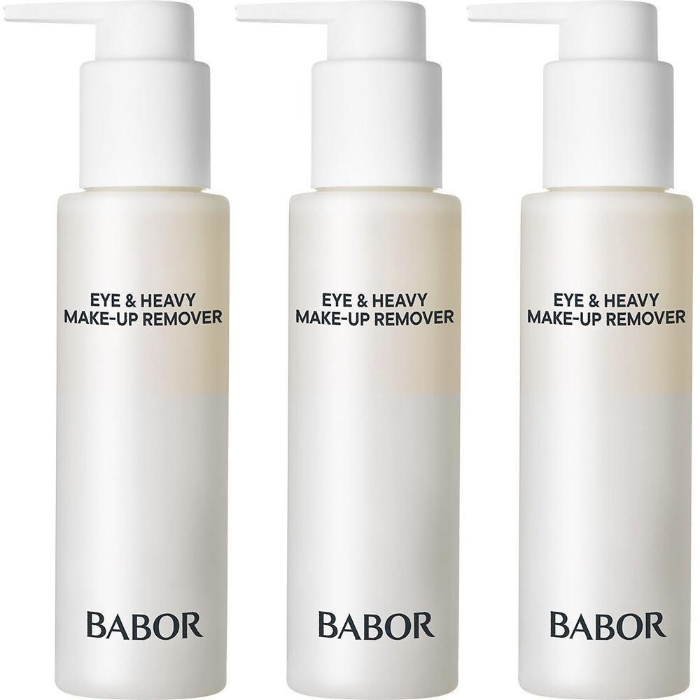 Drie flessen Babor oogmake-up remover met pompdoseringen.