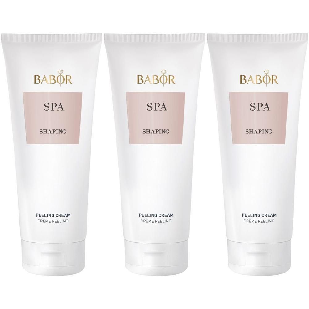 Trois tubes blancs de BABOR SPA Shaping Peeling Cream avec étiquette rose.