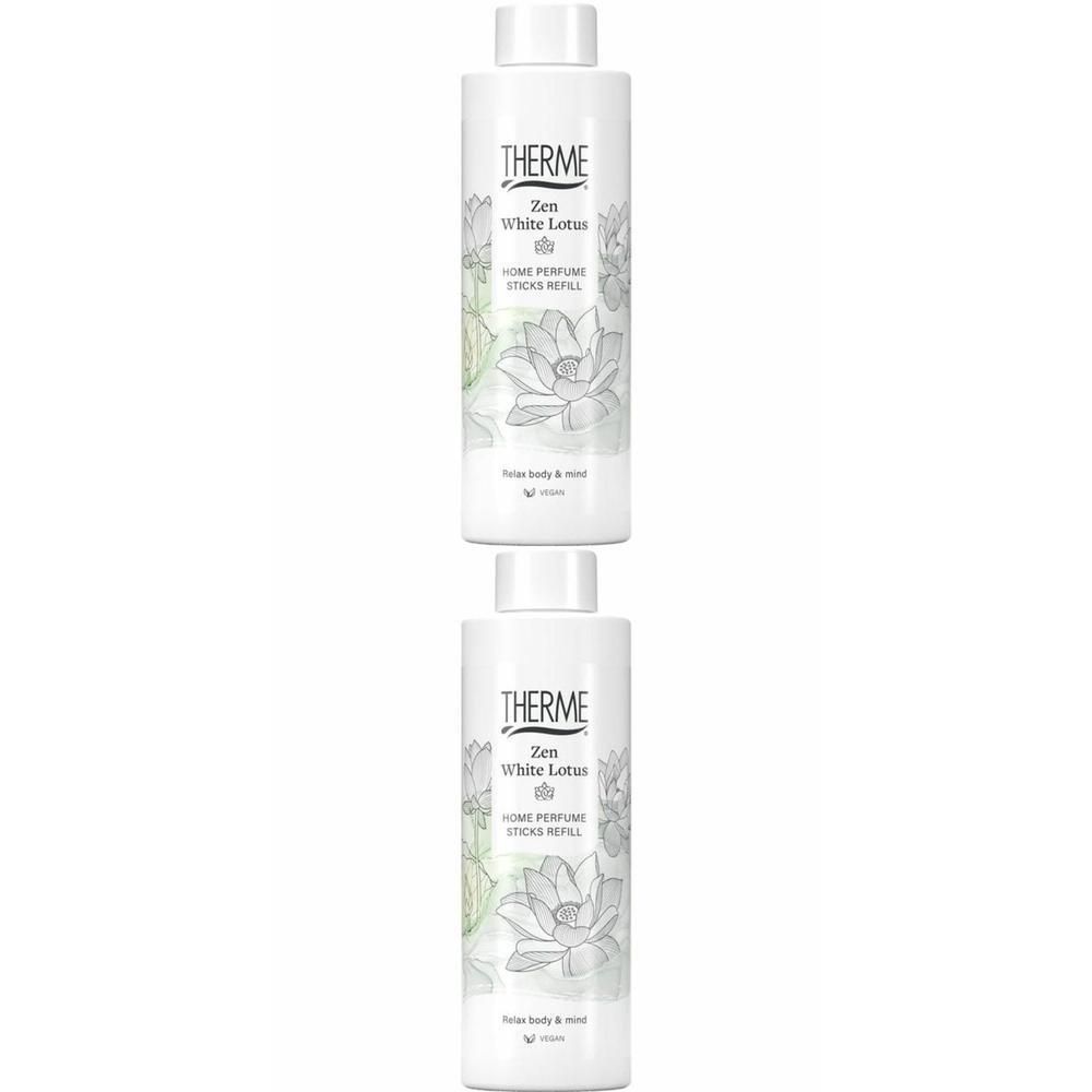Twee witte navulflessen voor huisparfum, Zen White Lotus geur.