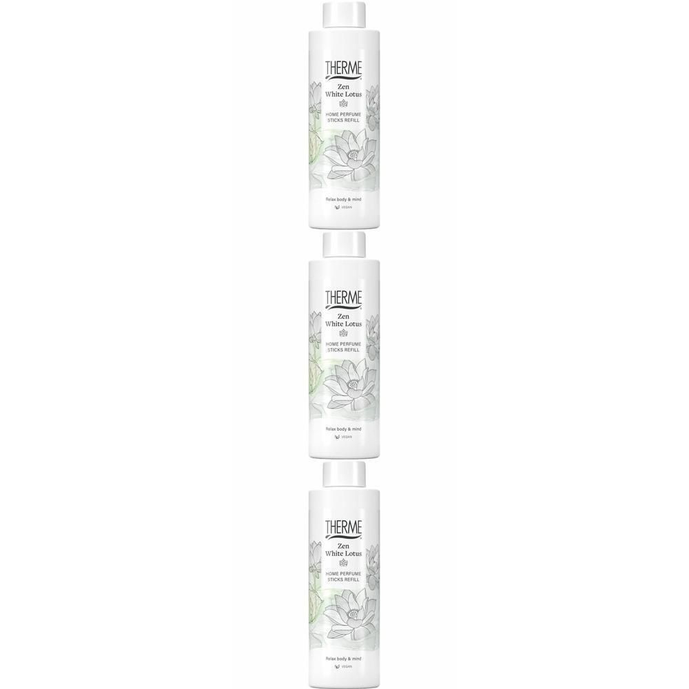 Drie witte flessen met Zen White Lotus geurstokjes navulling.