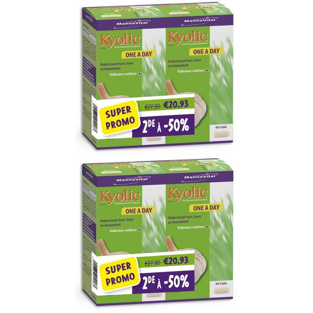 Deux boîtes de Mannavital Kyolic One a Day, compléments alimentaires avec image d'ail et autocollant promotionnel.