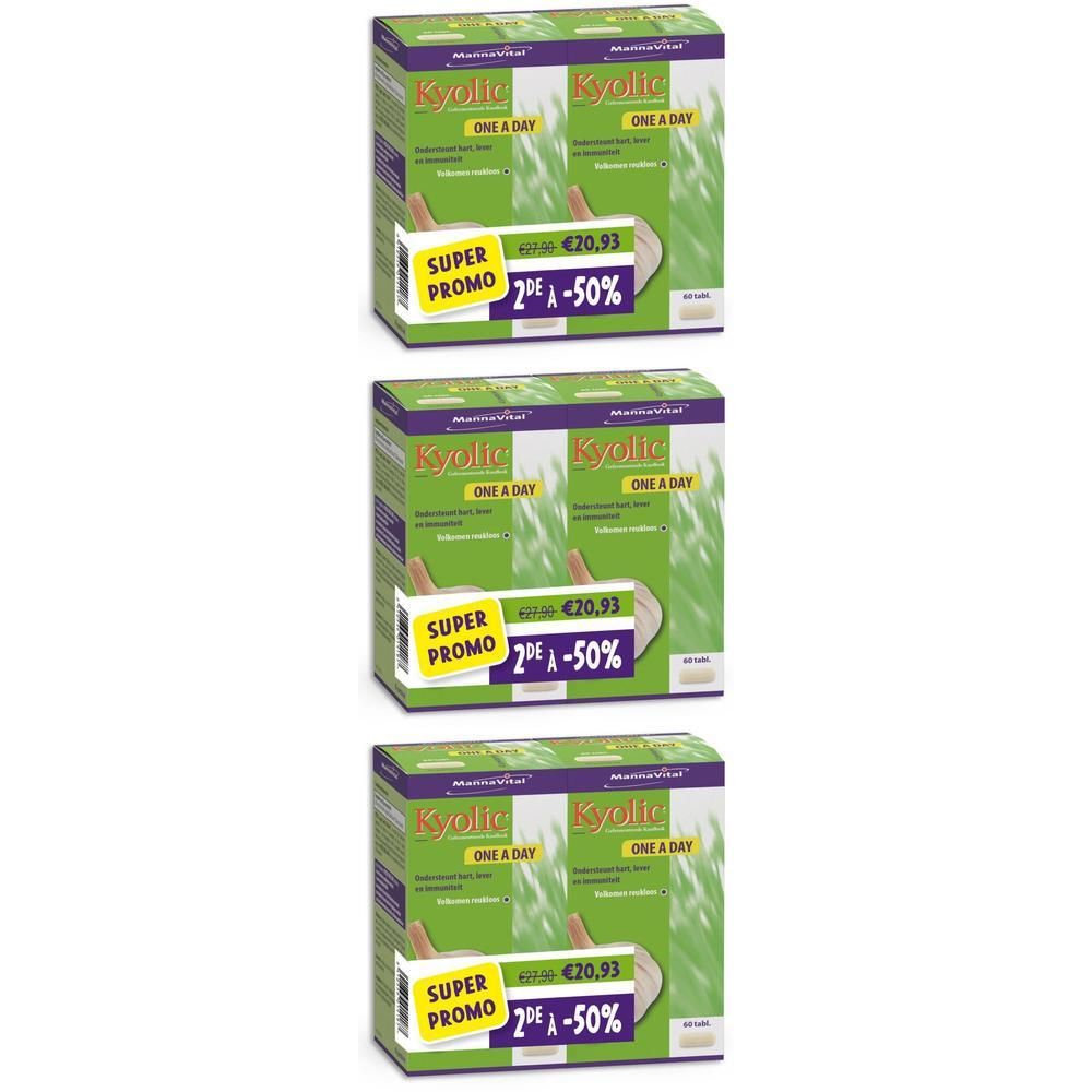 Drie pakken Kyolic One a Day met Super Promo sticker.