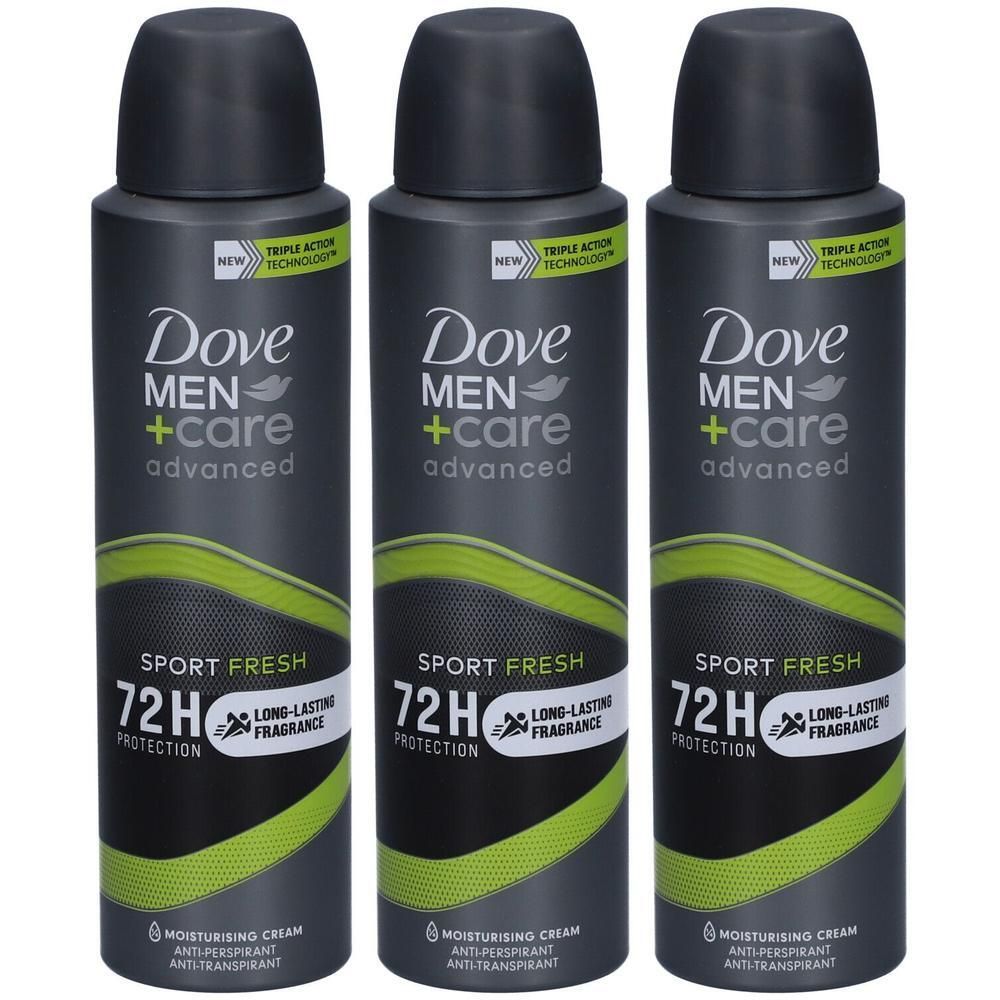 Trois déodorants Dove Men+Care Advanced Sport Fresh 72H Protection, bouchon noir, accent vert.