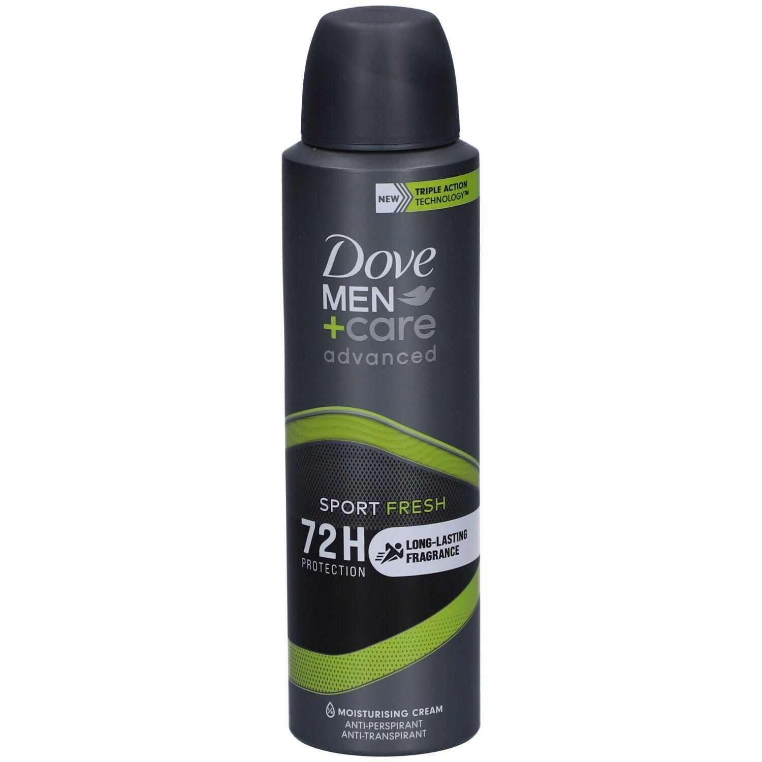 Déodorant spray Dove Men+ Care Advanced Sport Fresh, protection 72h, parfum longue durée.