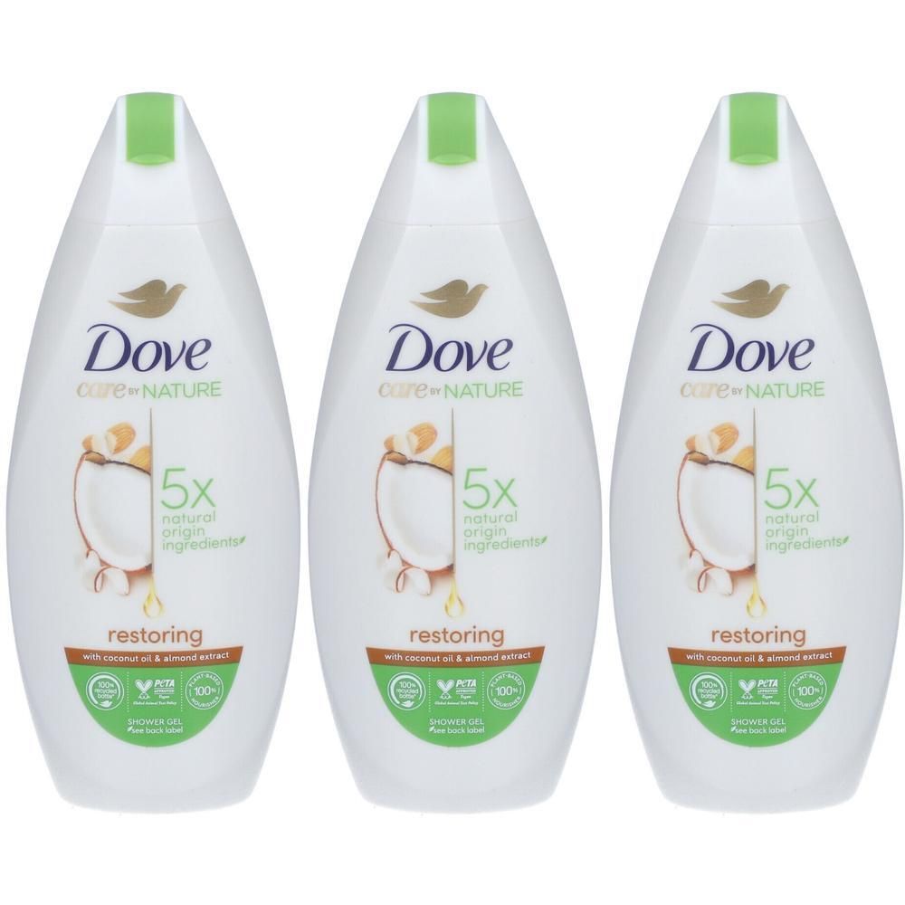 Trois flacons de gel douche Dove Care Restoring avec extraits de noix de coco et d'amande.