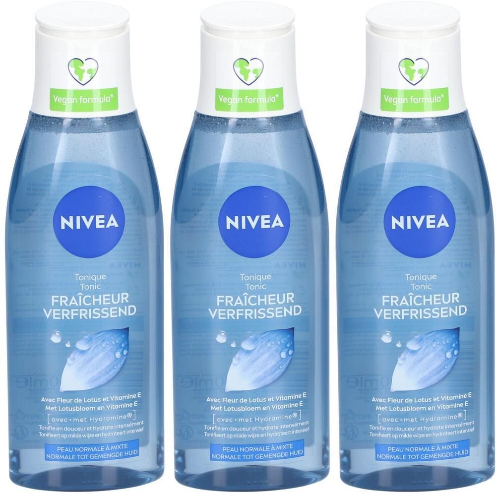 Trois flacons de Nivea Tonique Fraîcheur avec extrait de fleur de lotus et vitamine E. Formule vegan.