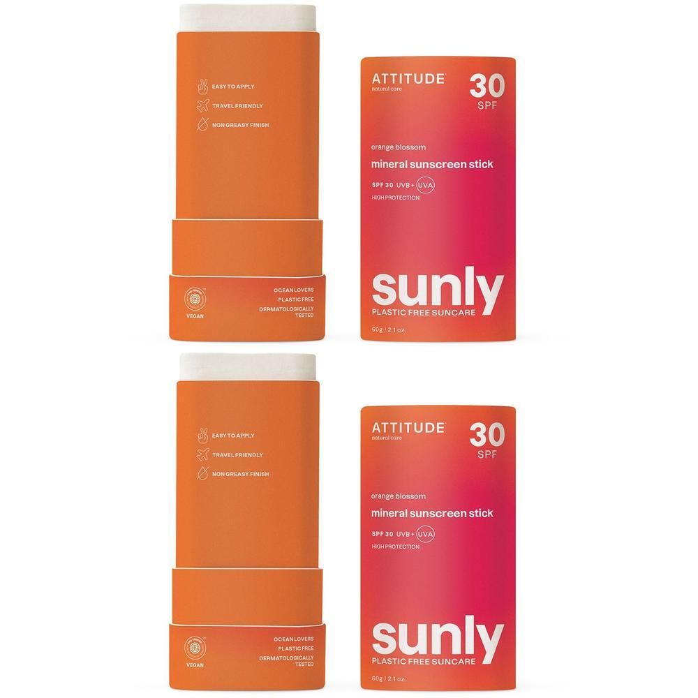 Deux bâtons solaires minéraux ATTITUDE™ Sunly Fleur d'Oranger FPS30.