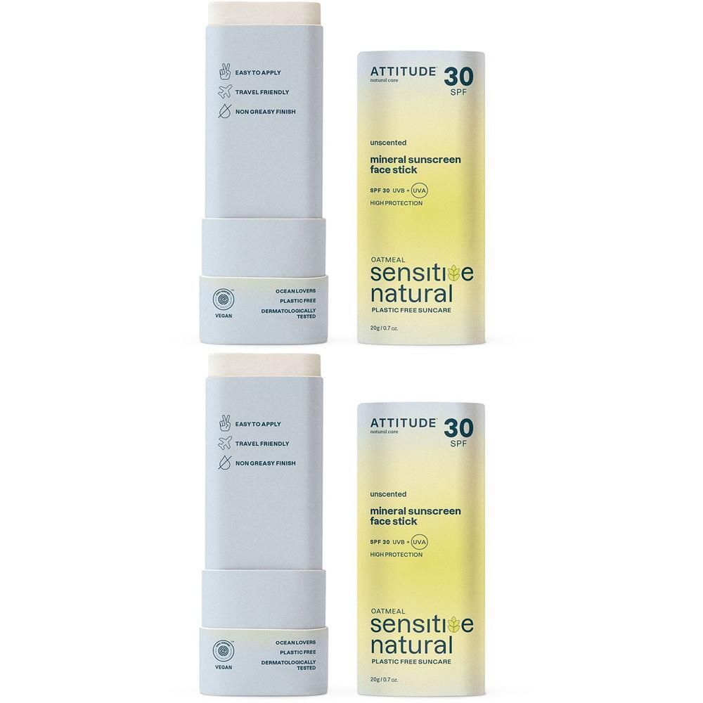 Deux sticks visage écran solaire minéral Attitude FPS 30, non parfumé, peau sensible.