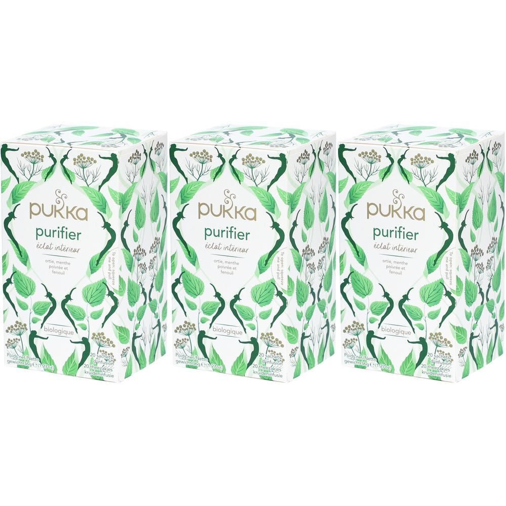 Drie Pukka Purifier Vital Interior verpakkingen met kruidenmotief.