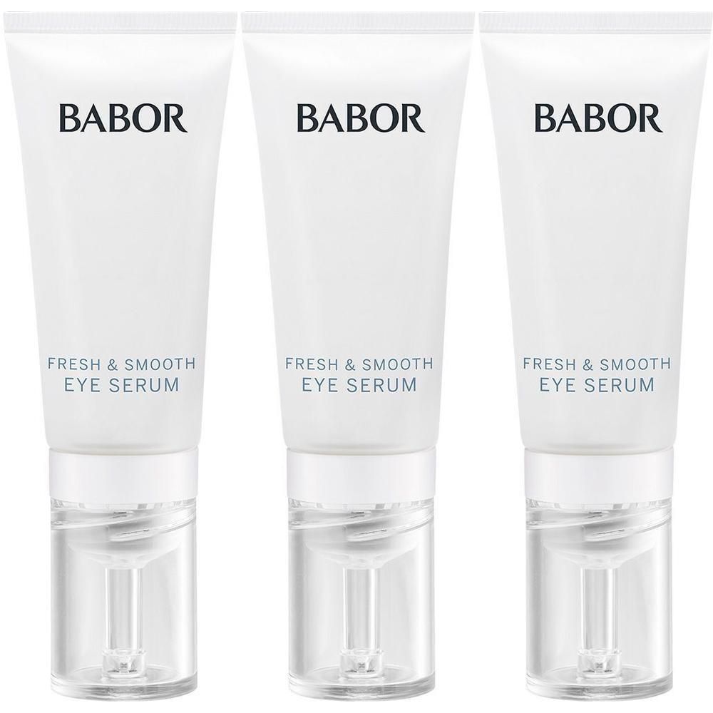 Trois tubes blancs BABOR Fresh & Smooth Eye Serum avec distributeurs transparents.