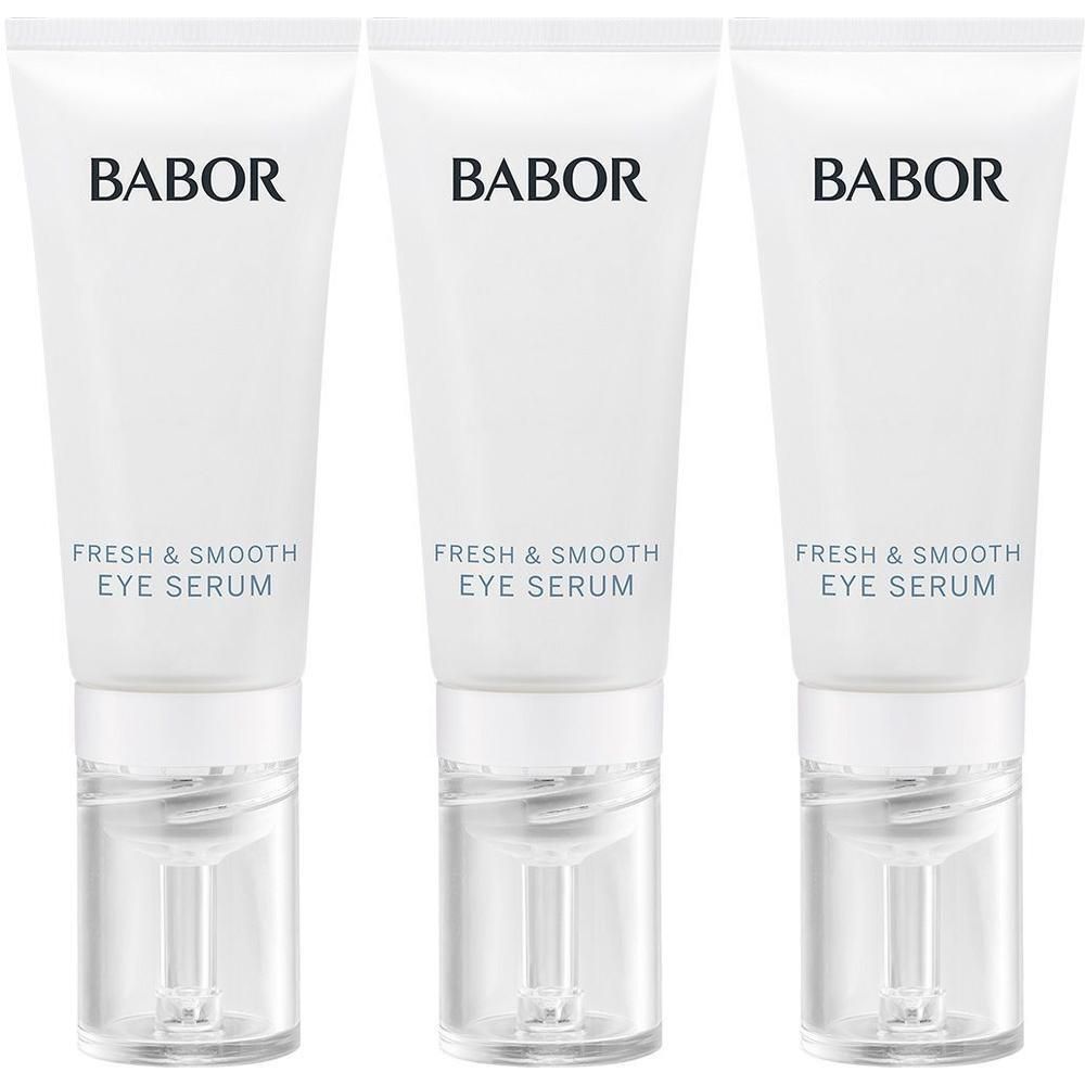 Drie witte BABOR Fresh & Smooth Eye Serum tubes met transparante dispensers.