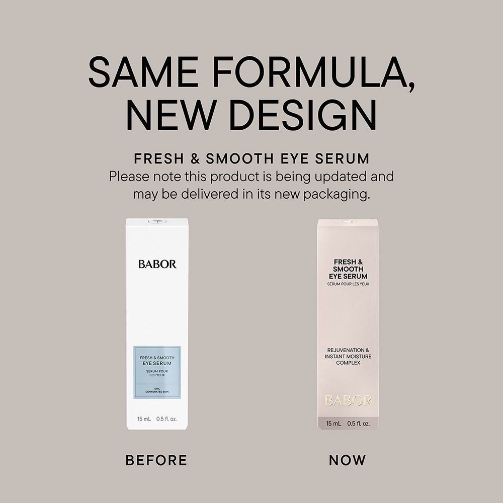 Vergelijking van oude en nieuwe verpakking voor BABOR Fresh & Smooth Eye Serum.