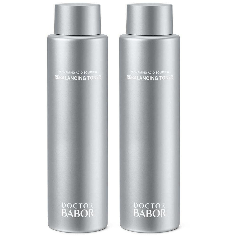 Deux flacons argentés de Doctor Babor Rebalancing Toner avec une solution à 75% d'acides aminés.
