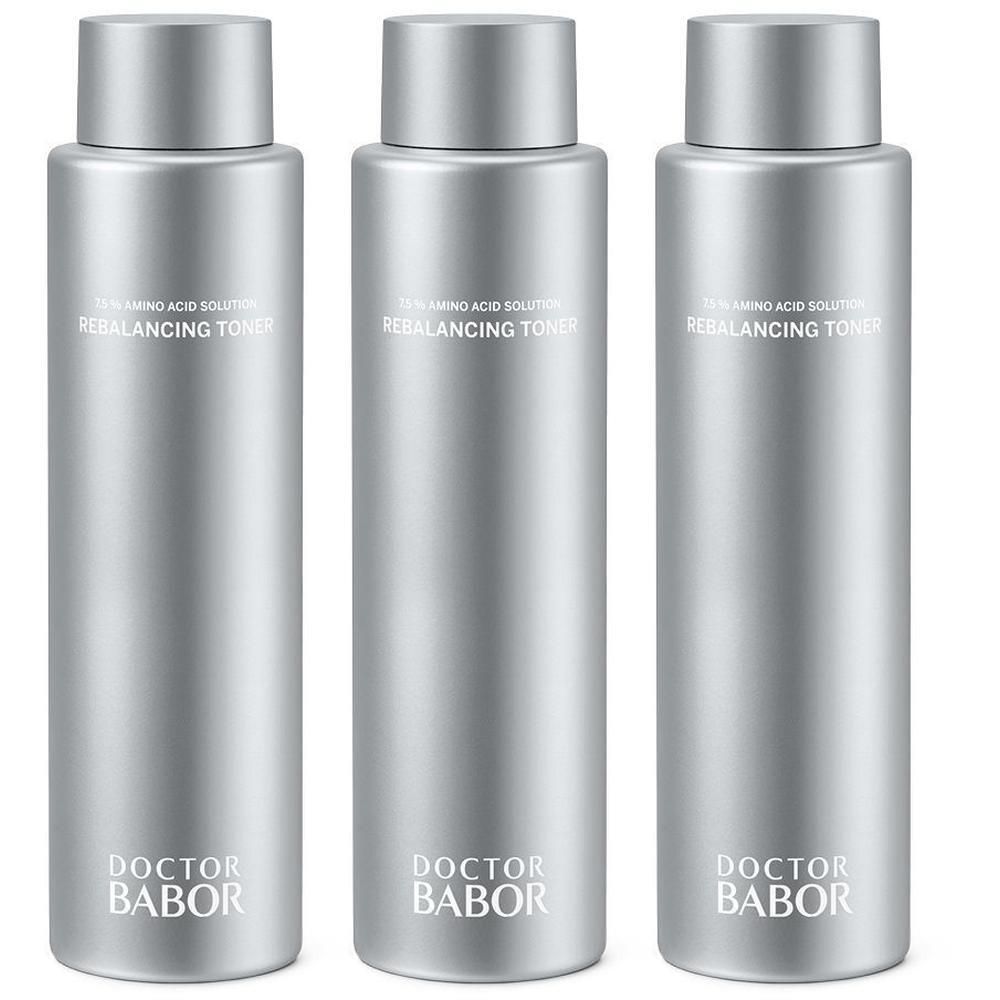 Drie zilverkleurige flessen Doctor Babor Rebalancing Toner met schroefdop.