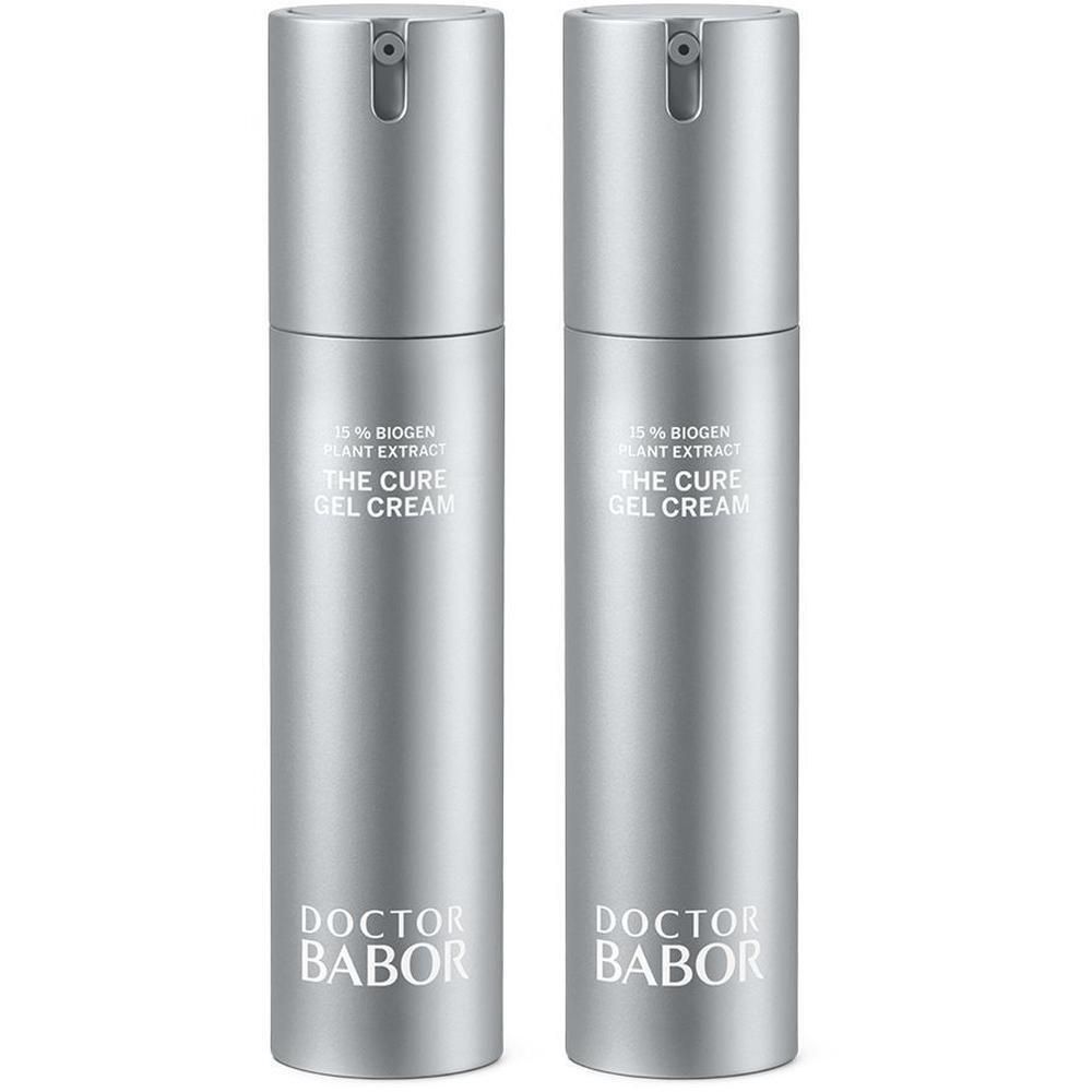 Deux flacons argentés Doctor Babor The Cure Gel Cream avec distributeurs à pompe.