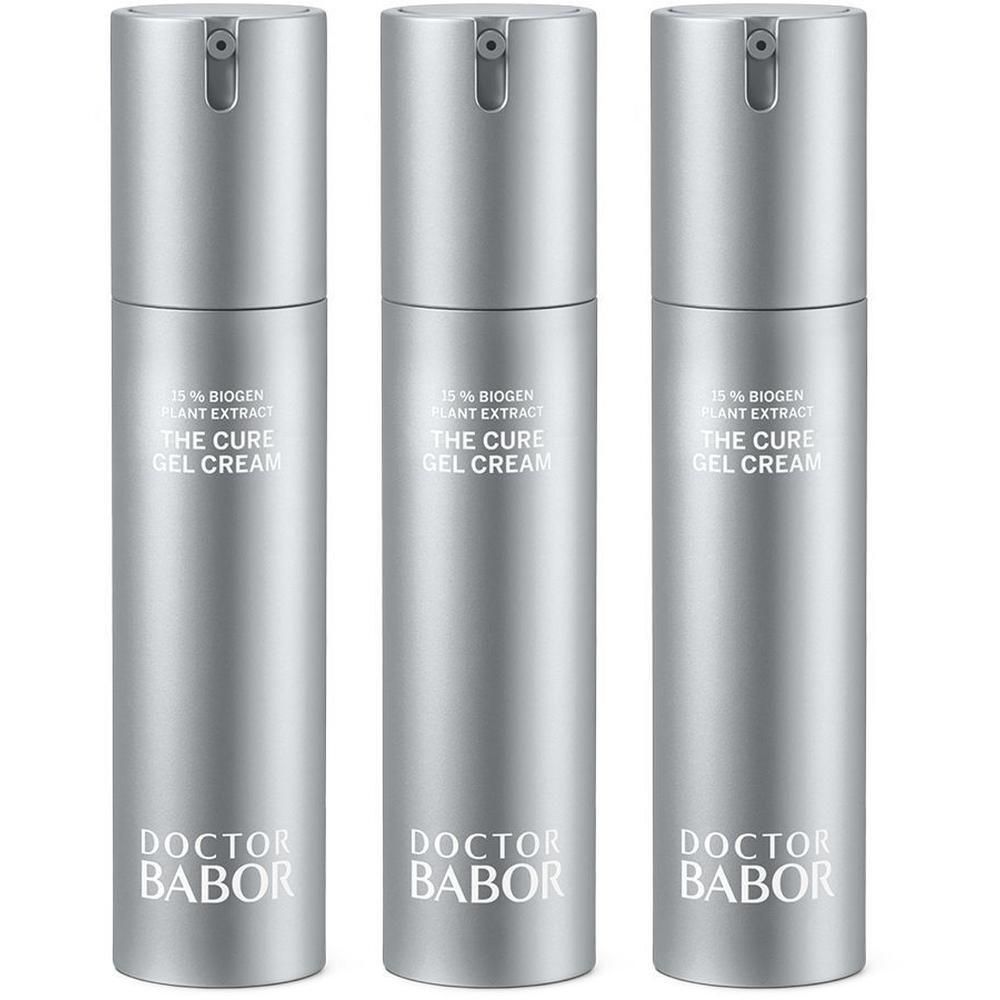 Trois flacons pompe argentés Doctor Babor The Cure Gel Cream.