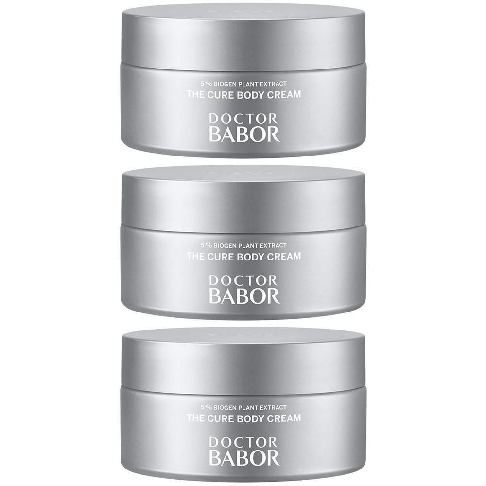 Trois pots argentés de Doctor Babor The Cure Body Cream.