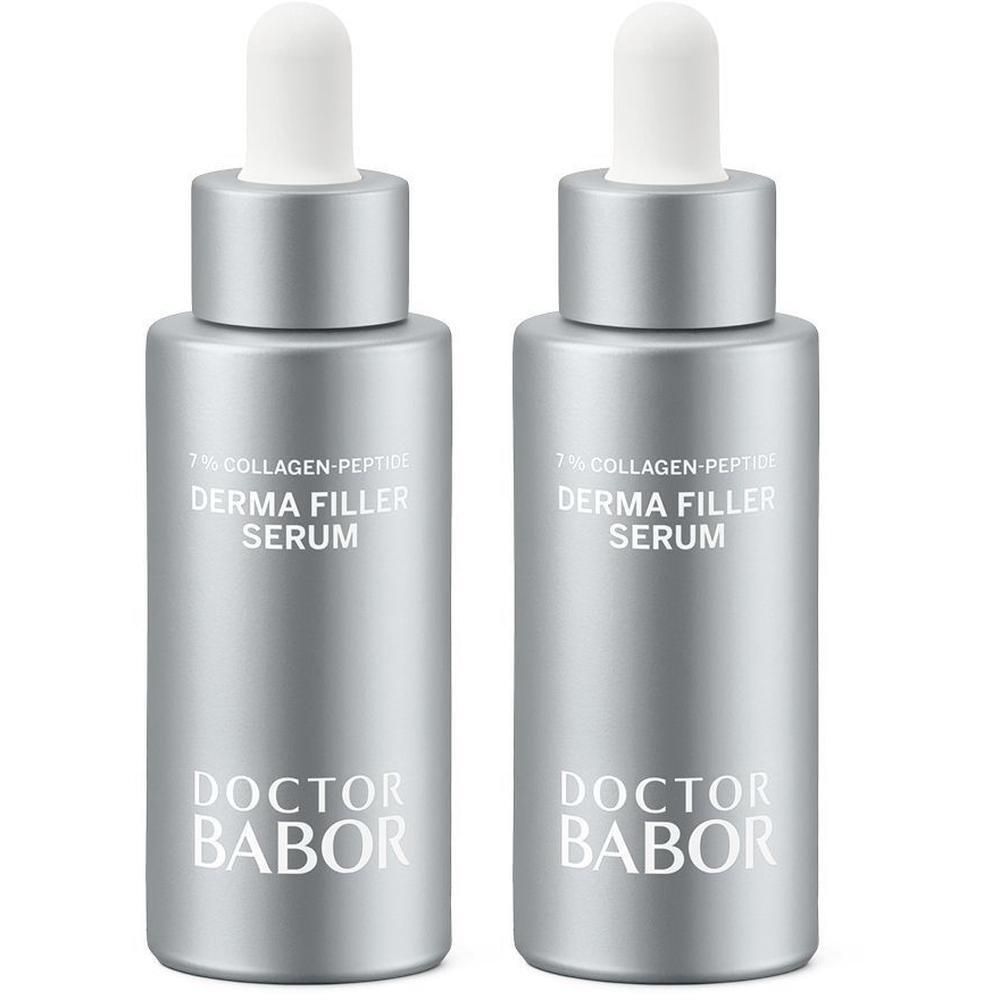 Deux flacons argentés avec compte-gouttes, DOCTOR BABOR DERMA FILLER SERUM, Peptide de collagène à 7%.