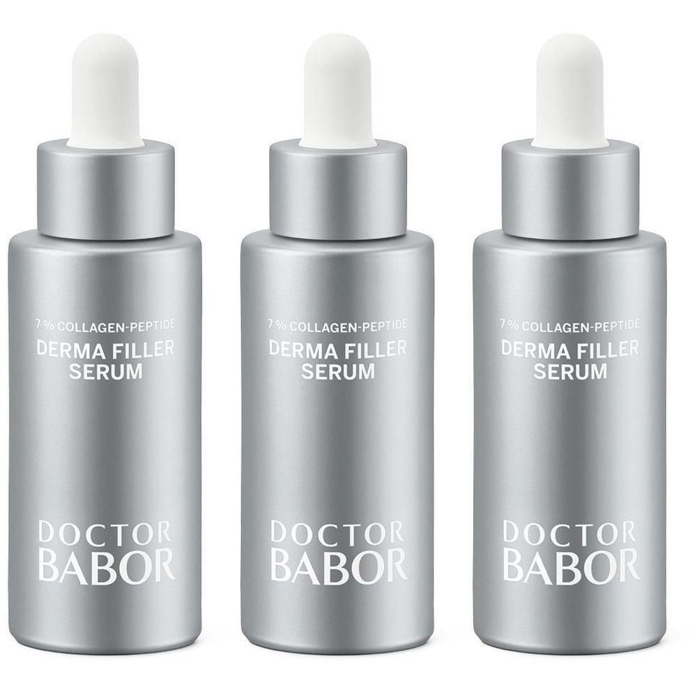 Trois flacons argentés avec compte-gouttes, DOCTOR BABOR DERMA FILLER SERUM.