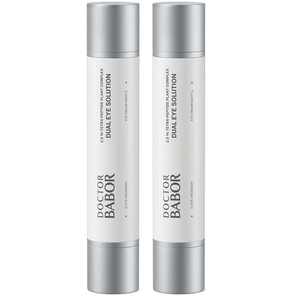 Twee flacons Doctor Babor Dual Eye Solution met zilverkleurige doppen en zilverkleurige bodems. Witte etiketten met zwarte tekst.