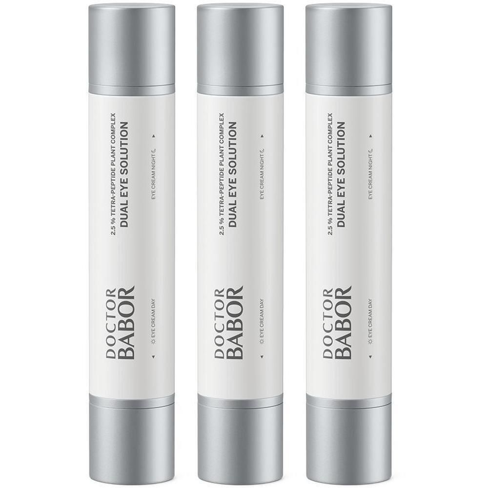 Trois flacons Doctor Babor Dual Eye Solution, argentés et blancs, avec capuchons argentés.