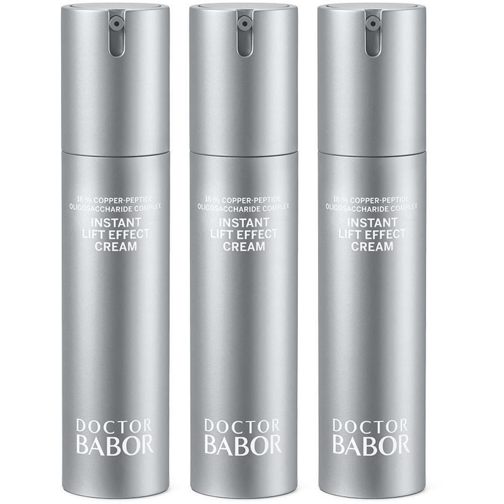 Trois flacons pompe argentés de Doctor Babor Instant Lift Effect Cream.