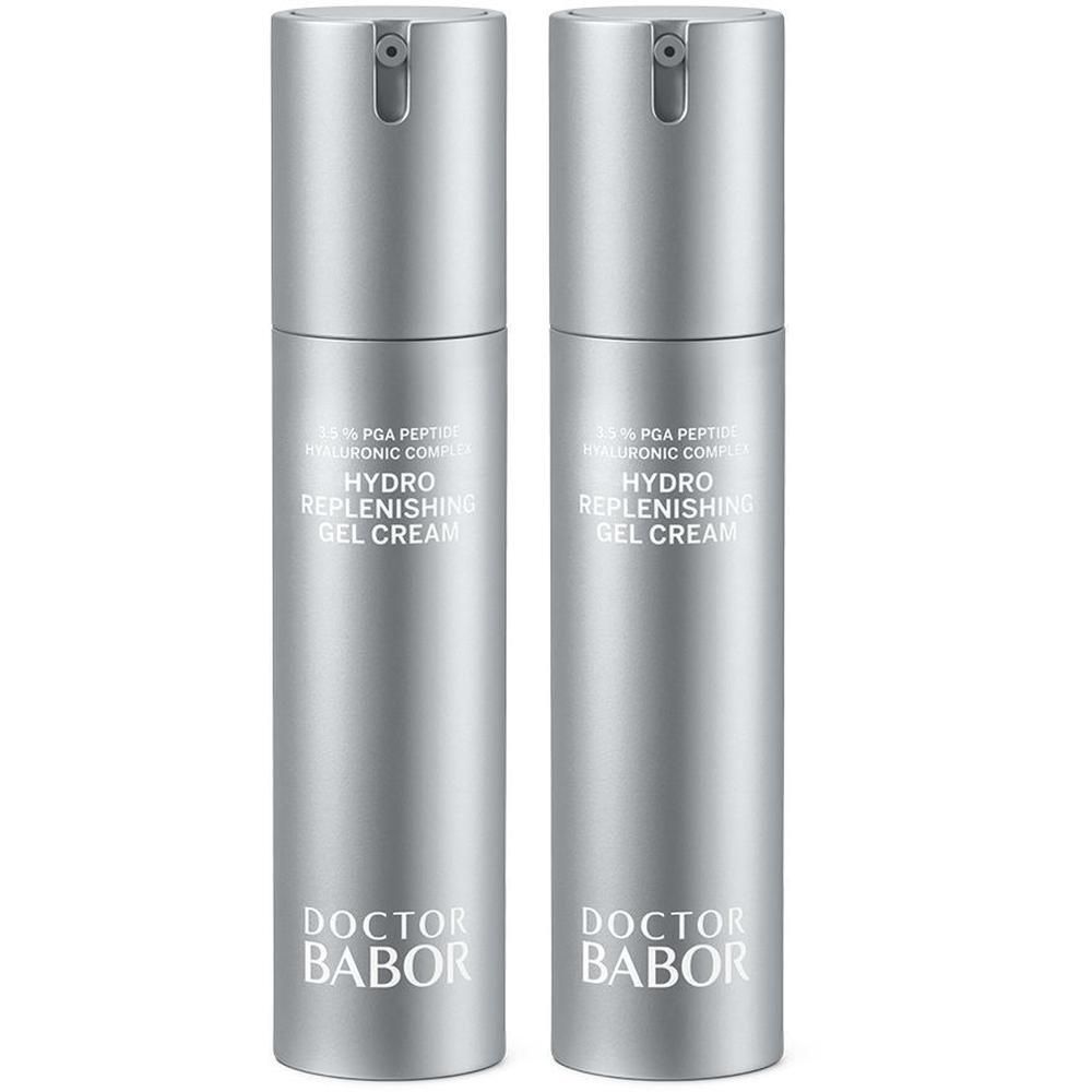 Deux flacons argentés distributeurs de Doctor Babor Hydro Replenishing Gel Cream.