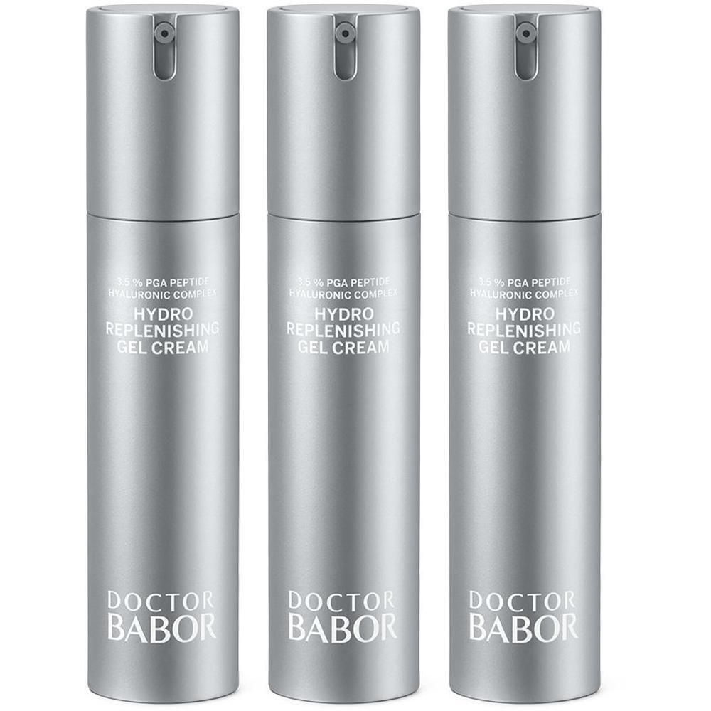Trois flacons argentés de Doctor Babor Hydro Replenishing Gel Cream.