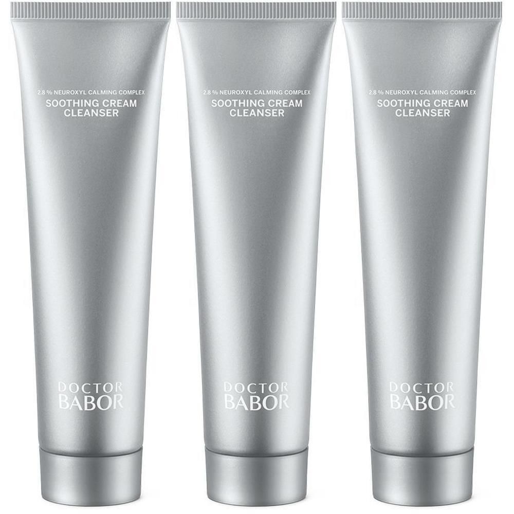 Trois tubes argentés de crème nettoyante apaisante Doctor Babor.