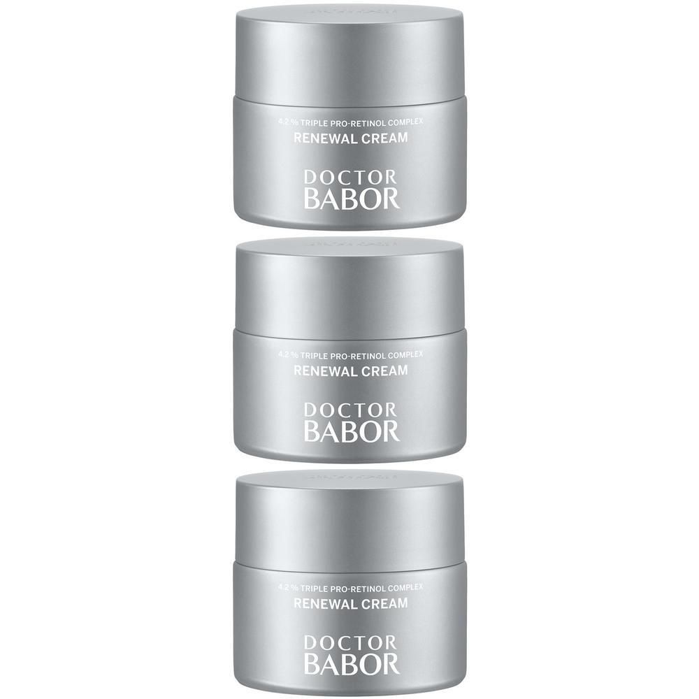 Trois pots argentés de Doctor Babor Renewal Cream.