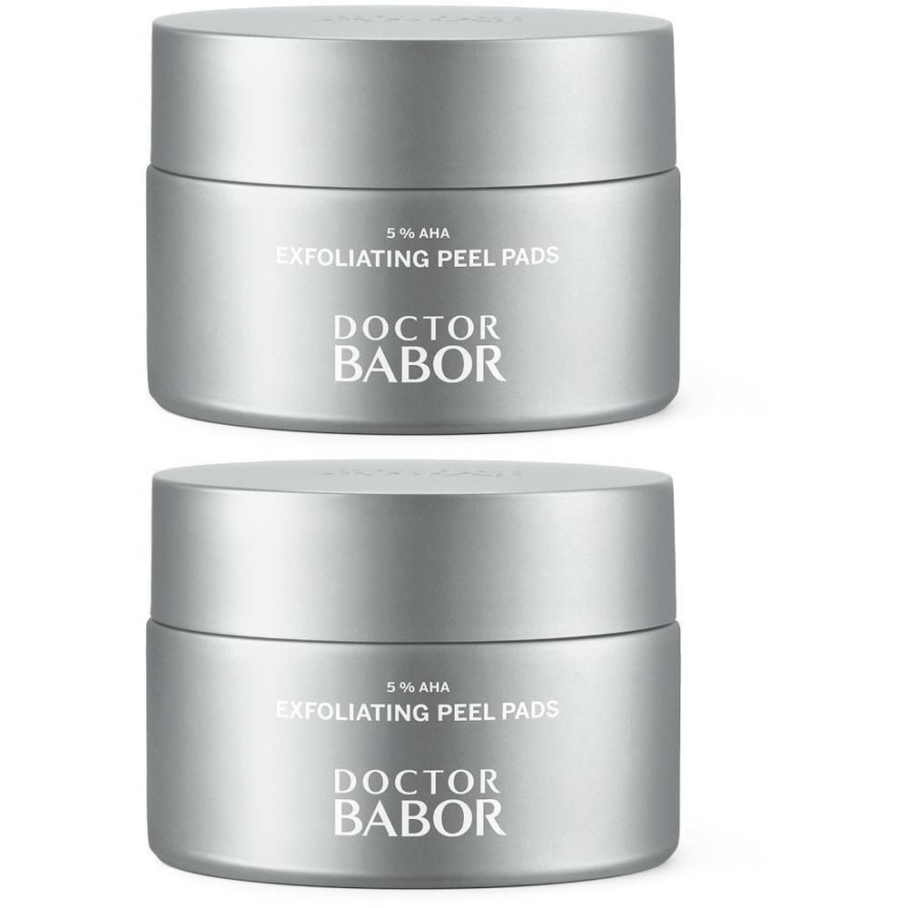 Twee zilverkleurige potjes met Doctor Babor Exfoliating Peel Pads, 5% AHA.