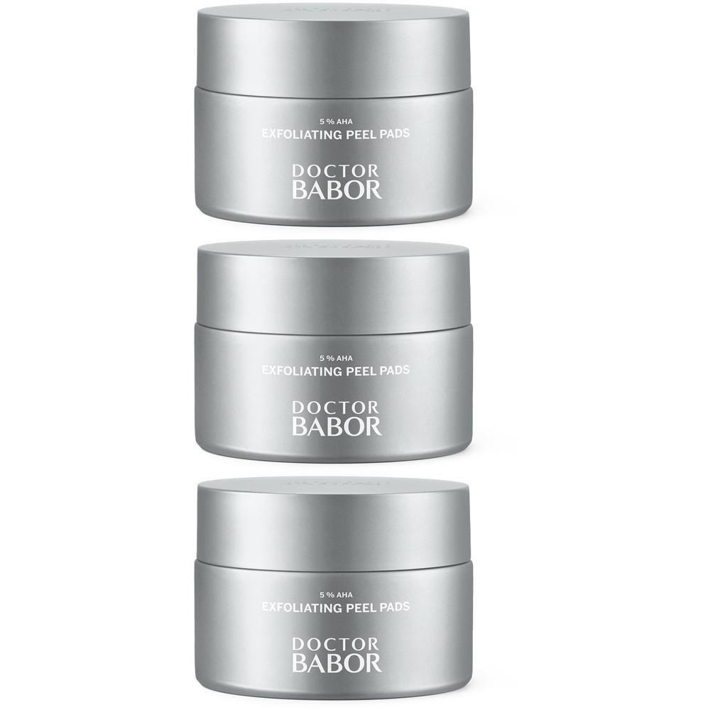 Trois pots argentés de Doctor Babor Exfoliating Peel Pads, 5% AHA.
