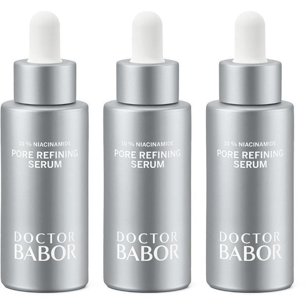Drie zilverkleurige flacons met druppelaar, Doctor Babor Pore Refining Serum met 10% niacinamide.