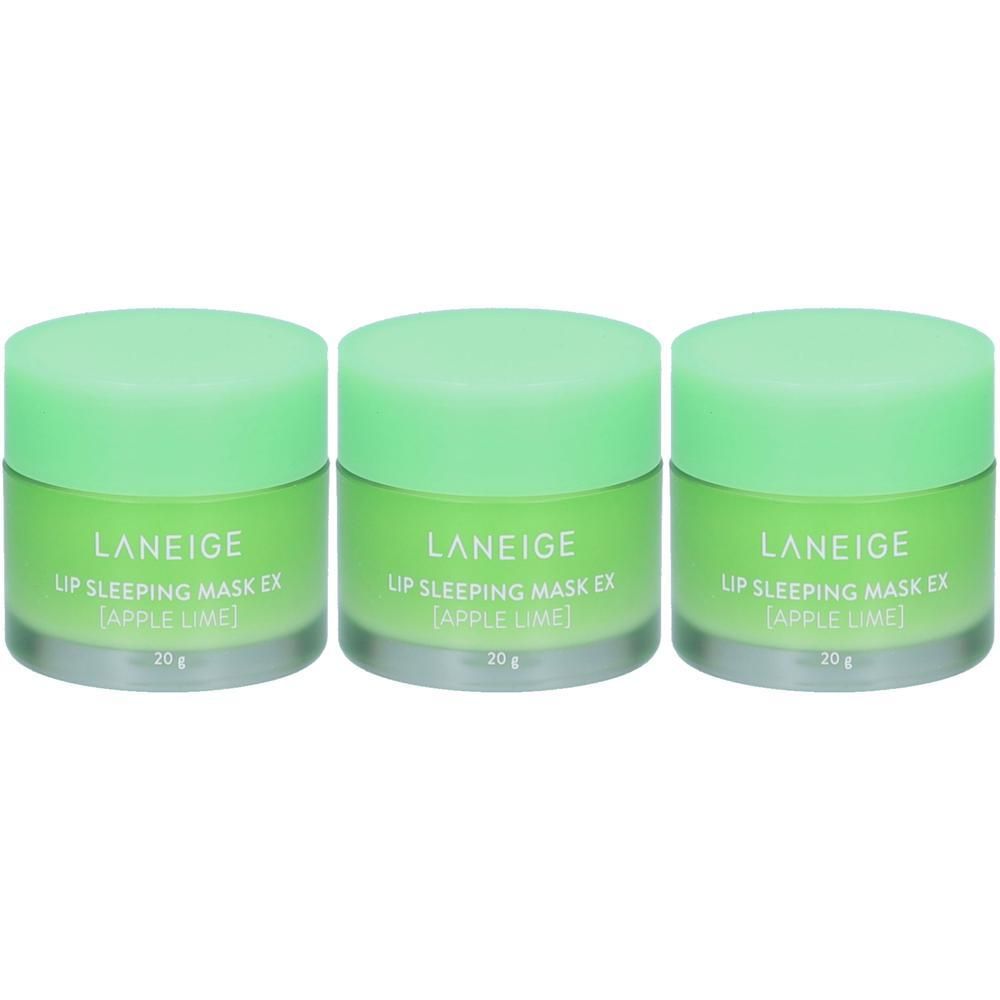 Drie potjes slaapmasker voor de lippen met lichtgroene deksels, met het etiket Leneige Lip Sleeping Mask Apple Lime.