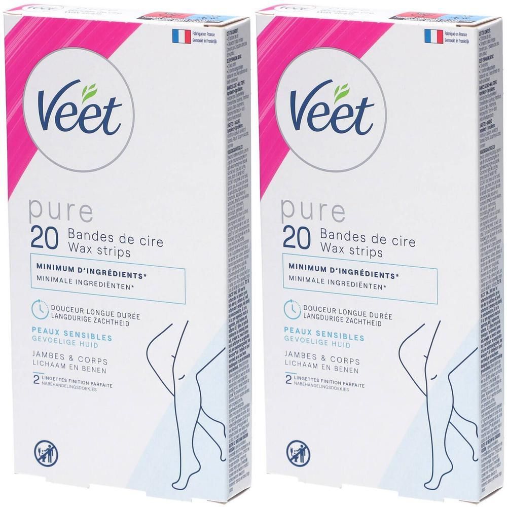 Twee pakken Veet Pure ontharingsstrips voor 20 toepassingen, voor gevoelige huid.