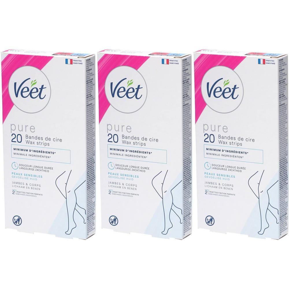 Trois paquets de 20 bandes de cire Veet Pure, formule à ingrédients minimaux.