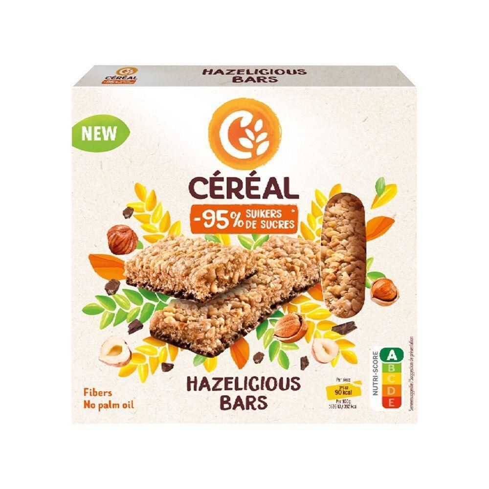 Verpakking van Céréal Hazelicious repen met drie repen, hazelnoten en tarwearen. "Nieuw" en "-95% suiker" zijn uitgelicht.
