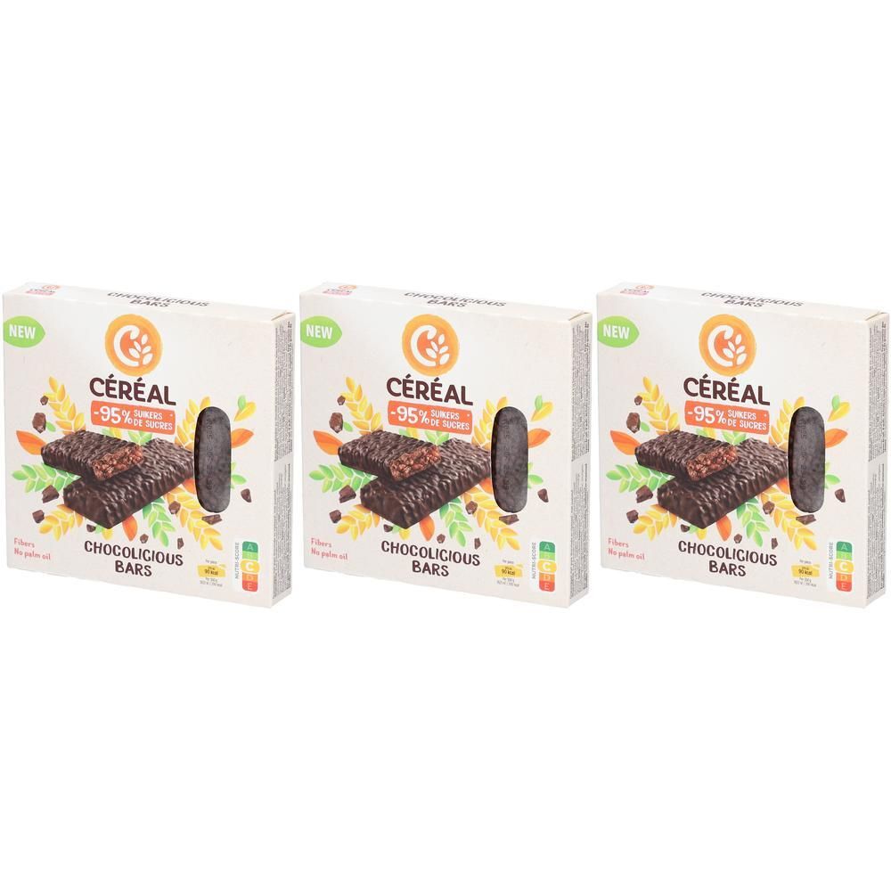 Drie pakken Céréal Chocolicious repen met chocoladelaag.