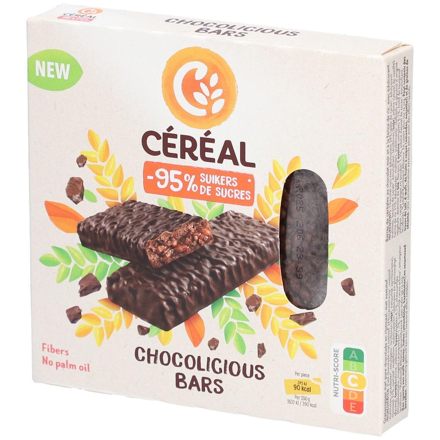 Céréal Chocolicious Bars : Deux barres chocolatées aux flocons d'avoine et enrobage chocolat sur un emballage.