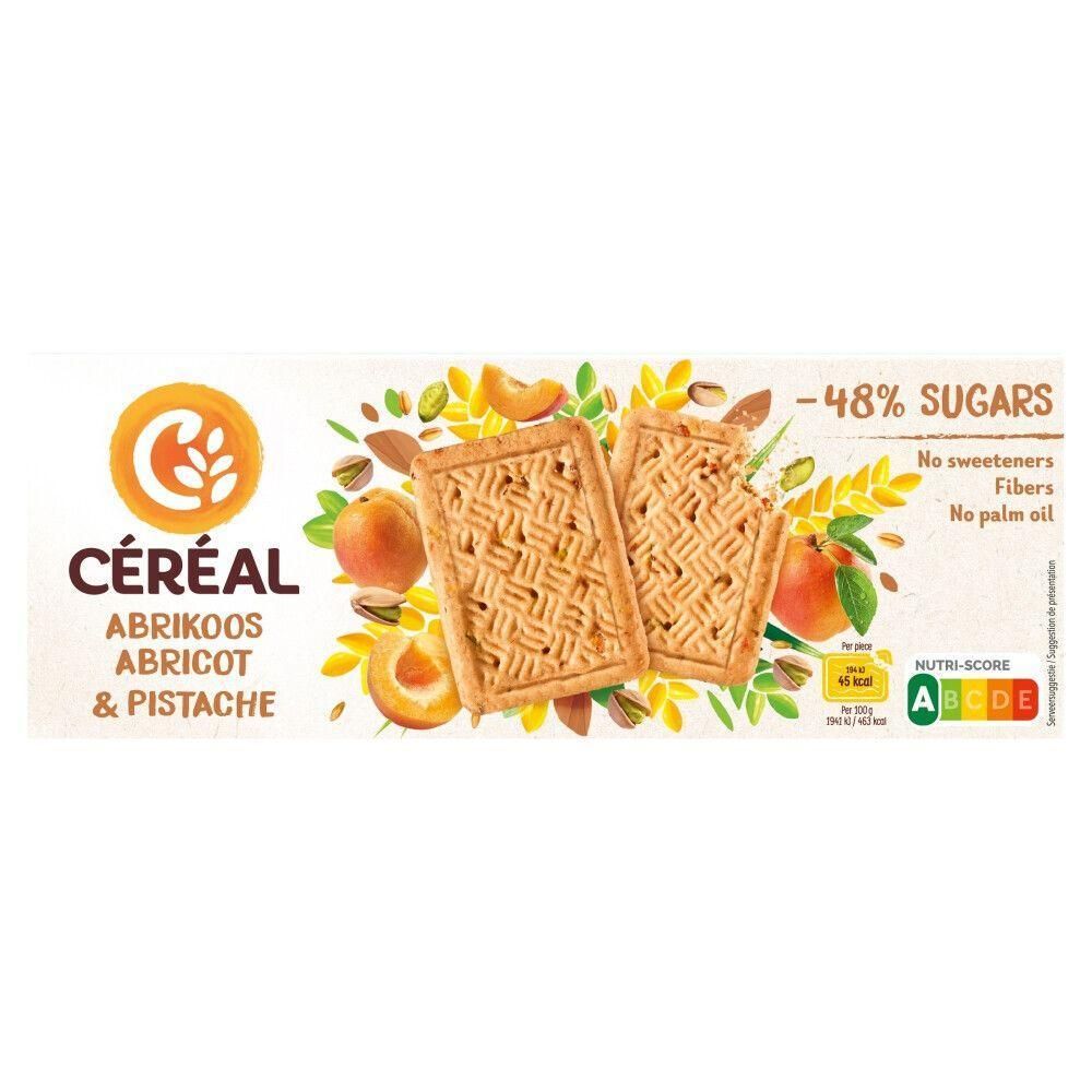 Céréal Koekjes Abrikoos & Pistache, -48% suikers, geen zoetstoffen, vezelrijk.