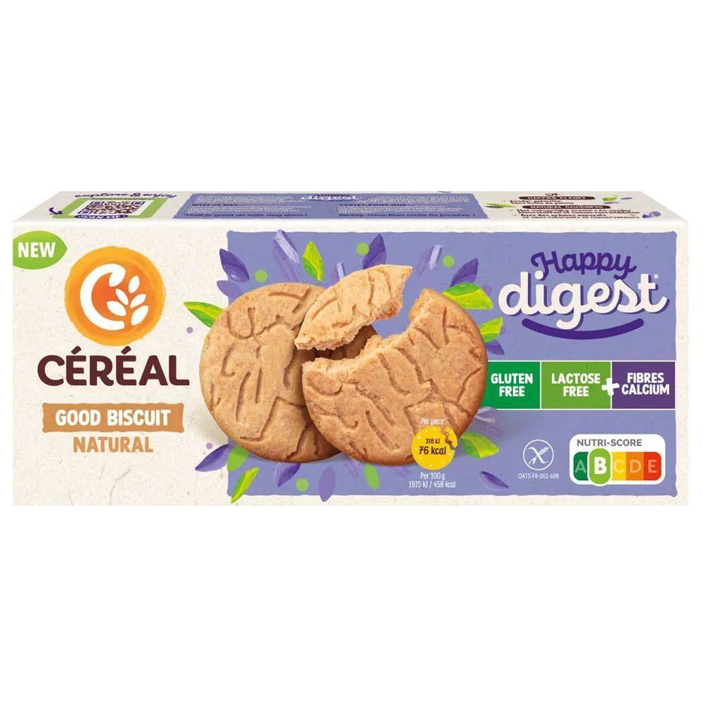 Céréal Happy Digest Good Biscuit Naturel : Deux biscuits, dont un brisé. Sans gluten, sans lactose.