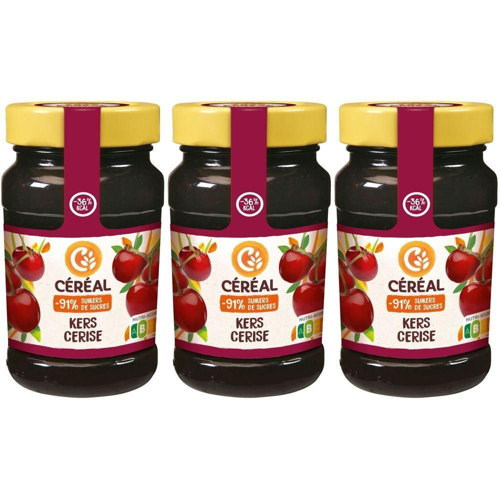 Trois pots de confiture de cerises Céréal, réduite en sucres.