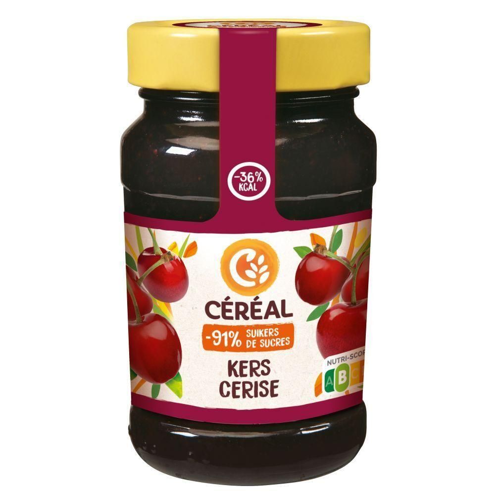 Pot de confiture de cerises Céréal avec cerises et informations nutritionnelles.