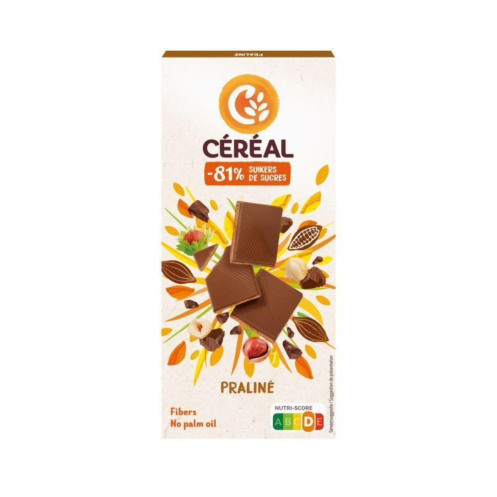 Barre Céréal Praliné avec noisettes et fèves de cacao. 81% de sucres en moins. Fibres, sans huile de palme.