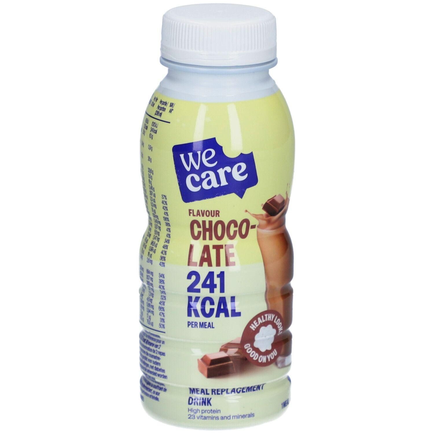 We Care Maaltijdvervangende Drank Chocolade, 241 kcal per maaltijd. Bevat 23 vitaminen en mineralen.