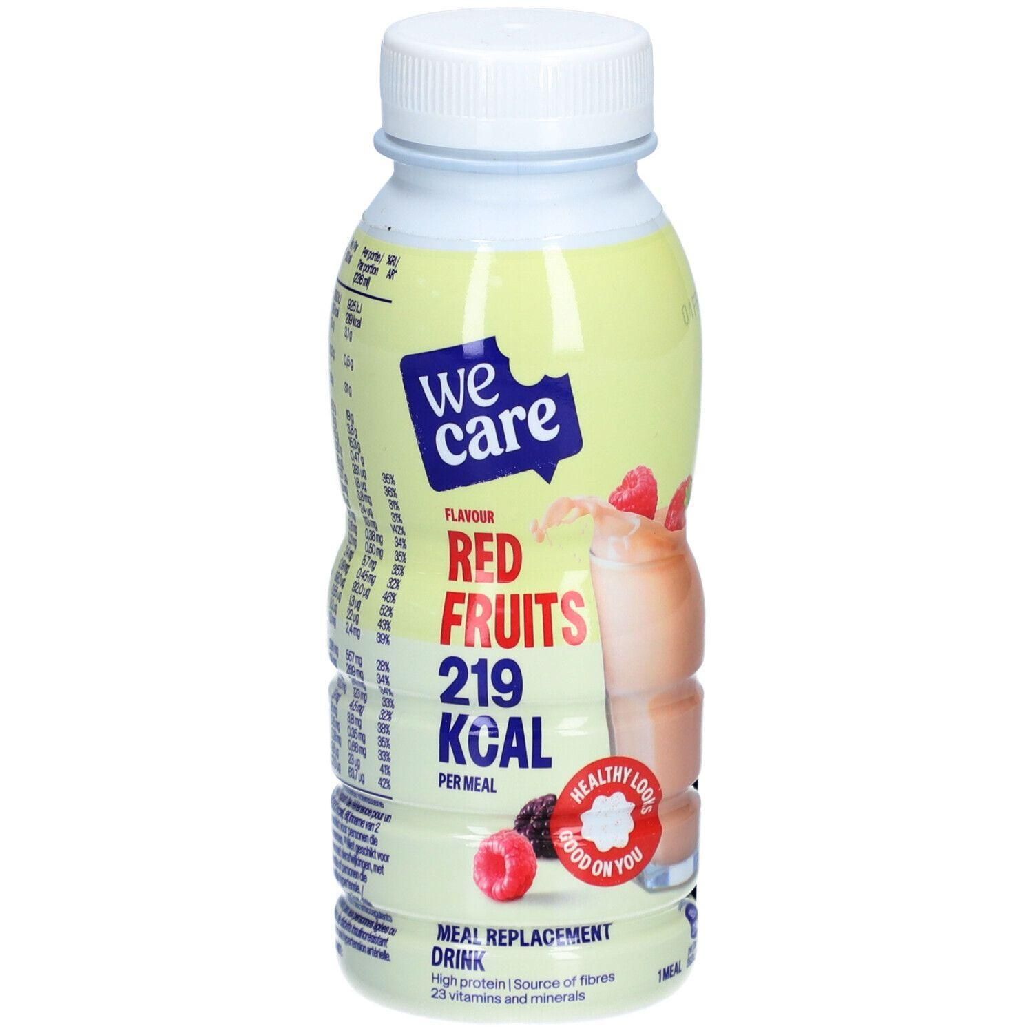 Boisson We Care Red Fruits, substitut de repas, 219 kcal par repas. Contient 25 vitamines et minéraux.