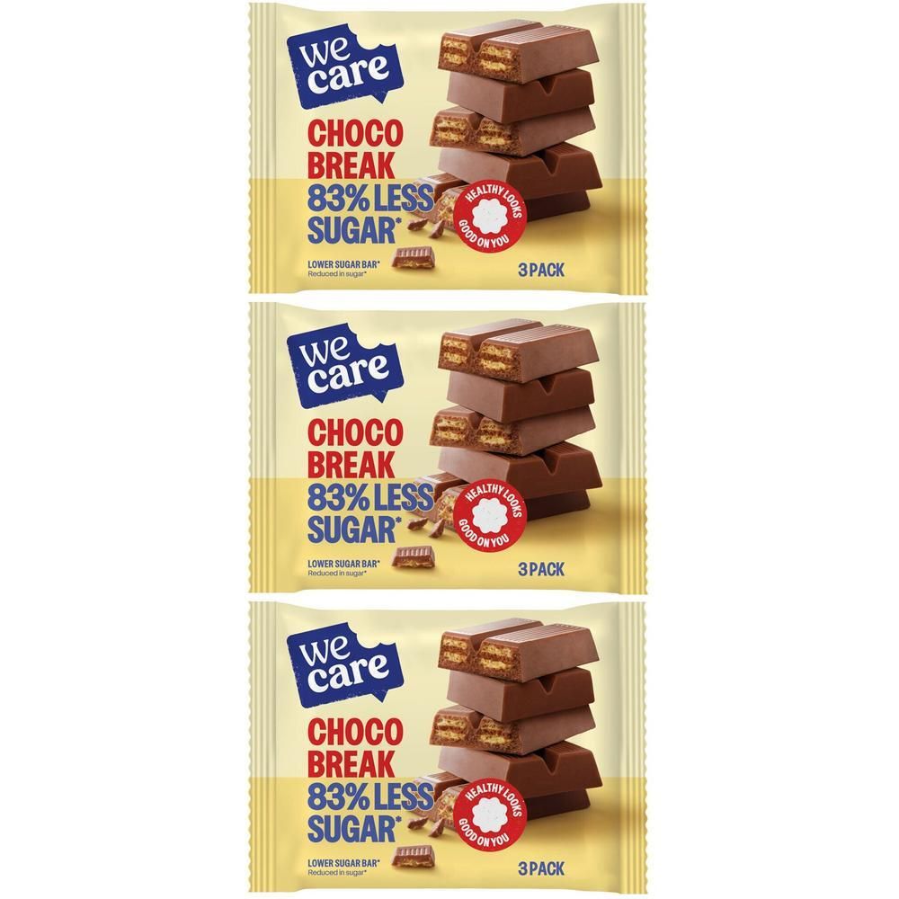 Drie pakken We Care Choco Break repen met 83% minder suiker.