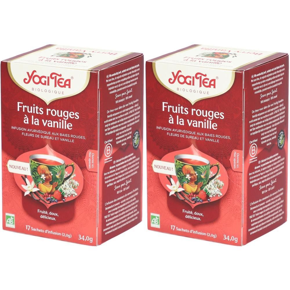 Twee pakken Yogi Tea Rode Vruchten met Vanille, biologisch. Bevat 17 zakjes.