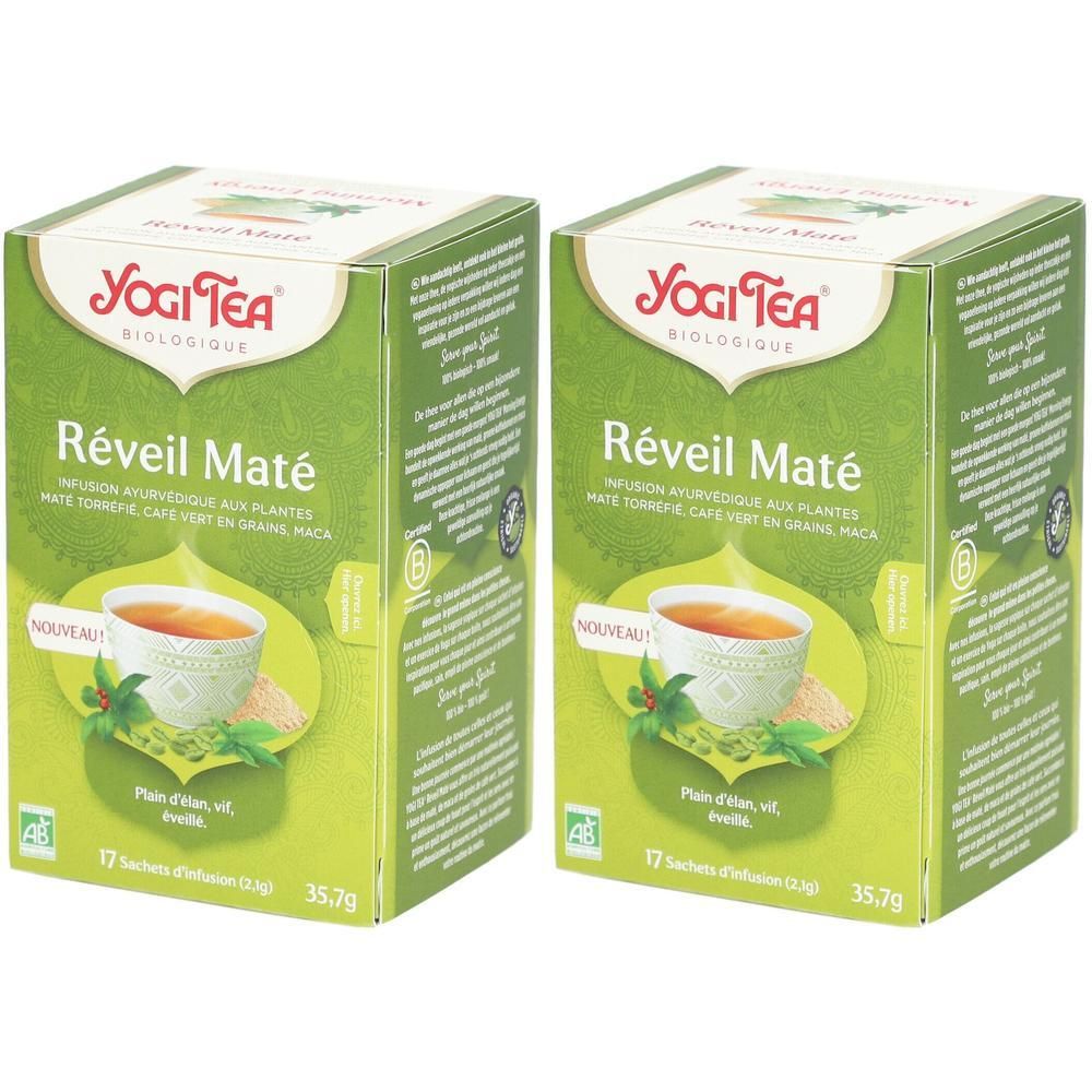 Deux boîtes de Yogi Tea Réveil Maté infusion bio aux plantes avec maté, thé vert et maca. 17 sachets par boîte.