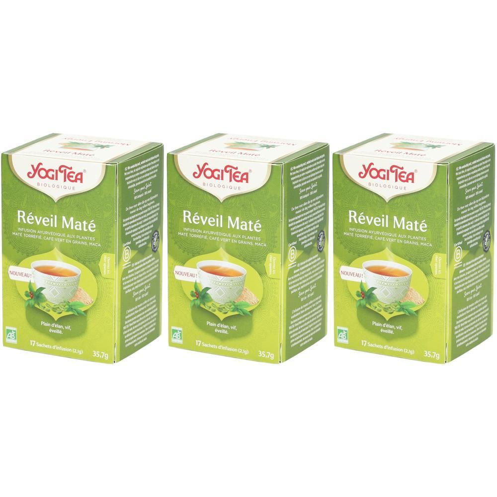 Trois boîtes de thé Yogi Tea Réveil Maté Bio à base de maté, citronnelle et gingembre.